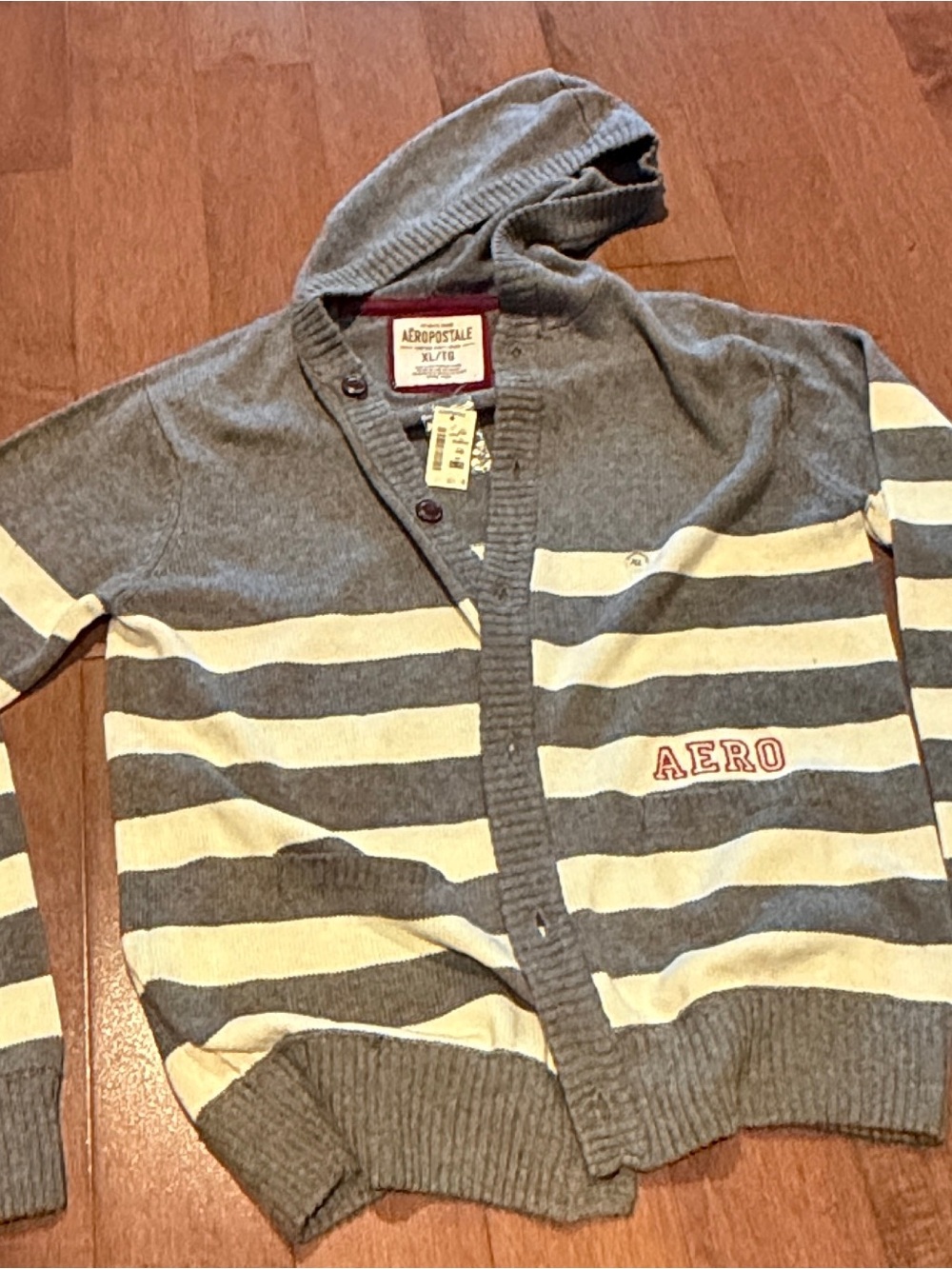 Aeropostale Gray & Cream Striped Hooded Cardigan